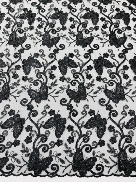 Metallic Lace Fabric - Embroidered Butterfly Vines With Sequins, 54" Width (1 Yard)