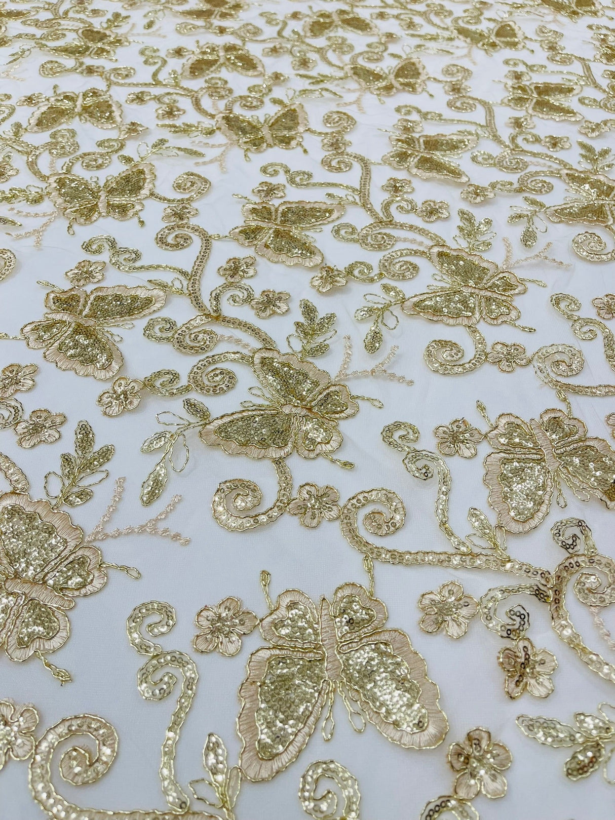 Metallic Lace Fabric - Embroidered Butterfly Vines With Sequins, 54" Width (1 Yard)