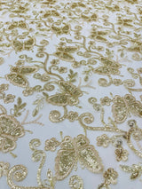 Metallic Lace Fabric - Embroidered Butterfly Vines With Sequins, 54" Width (1 Yard)