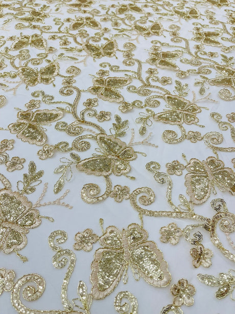 Metallic Lace Fabric - Embroidered Butterfly Vines With Sequins, 54" Width (1 Yard)