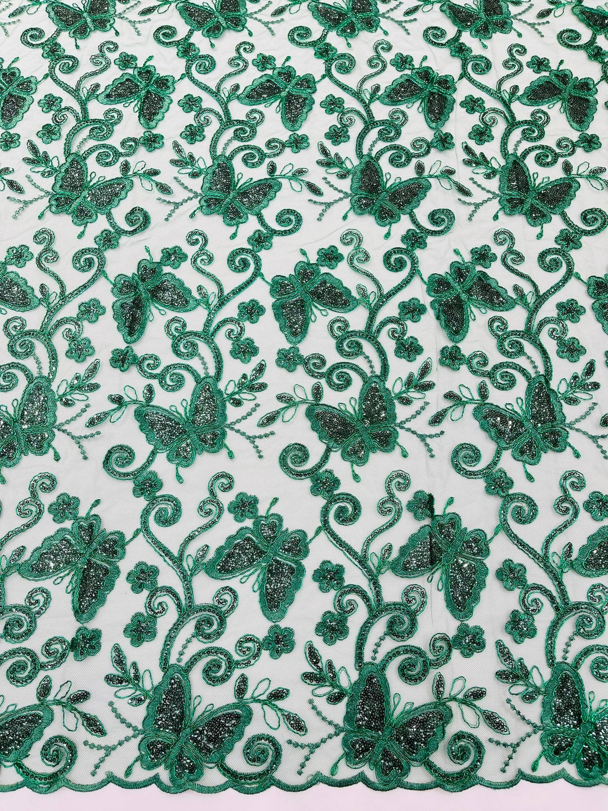 Metallic Lace Fabric - Embroidered Butterfly Vines With Sequins, 54" Width (1 Yard)