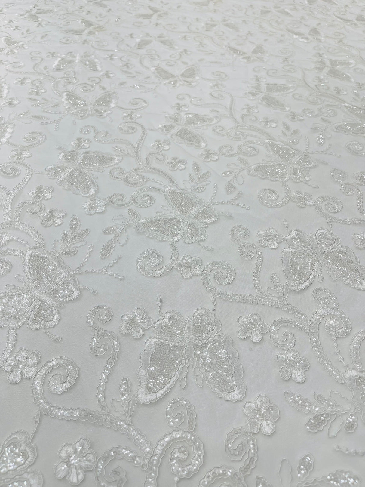 Metallic Lace Fabric - Embroidered Butterfly Vines With Sequins, 54" Width (1 Yard)
