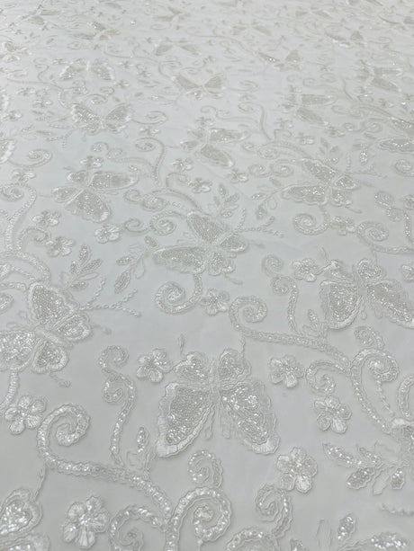 Metallic Lace Fabric - Embroidered Butterfly Vines With Sequins, 54" Width (1 Yard)