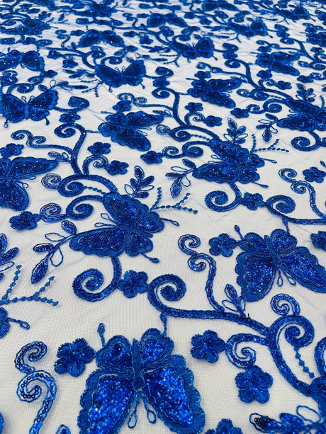 Metallic Lace Fabric - Embroidered Butterfly Vines With Sequins, 54" Width (1 Yard)