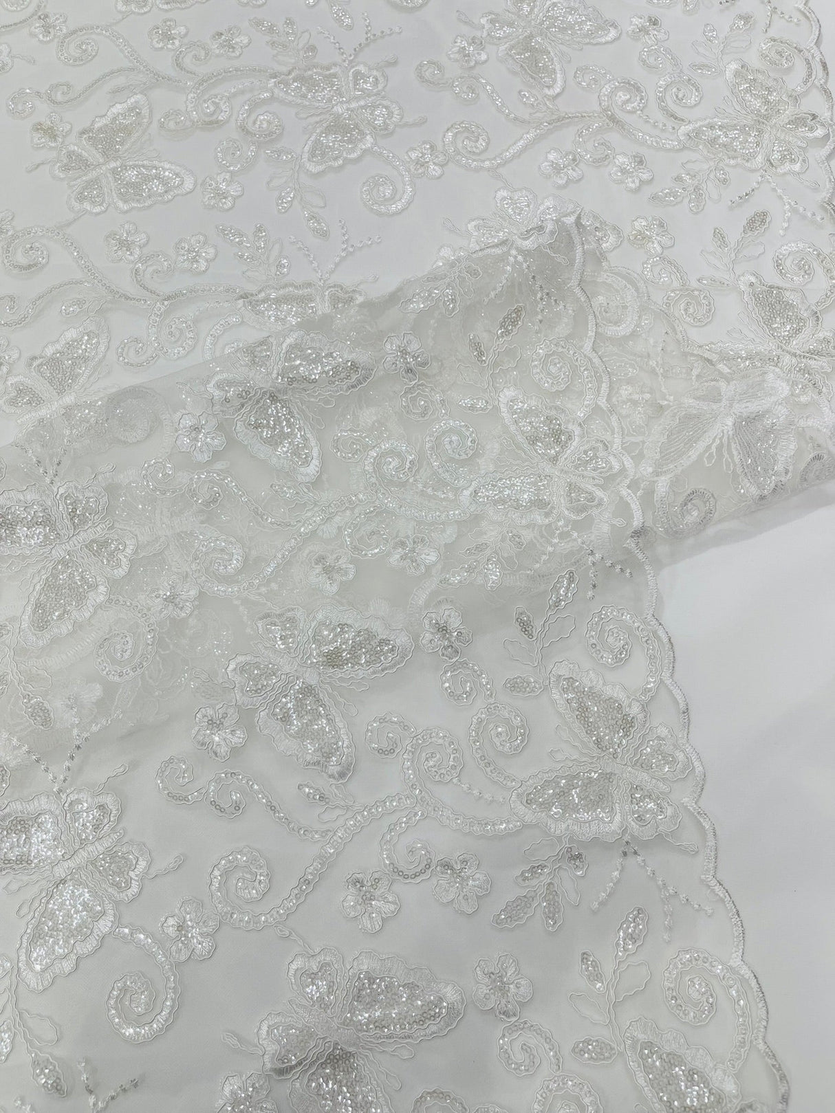 Metallic Lace Fabric - Embroidered Butterfly Vines With Sequins, 54" Width (1 Yard)