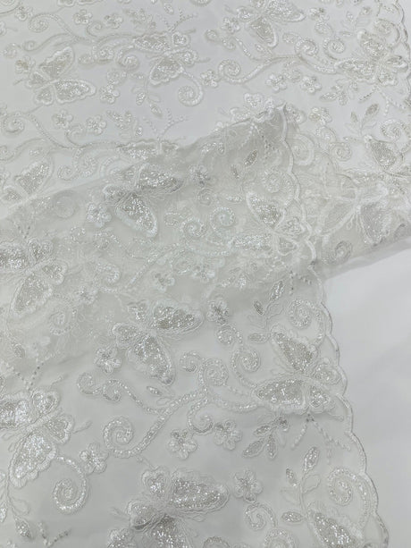 Metallic Lace Fabric - Embroidered Butterfly Vines With Sequins, 54" Width (1 Yard)