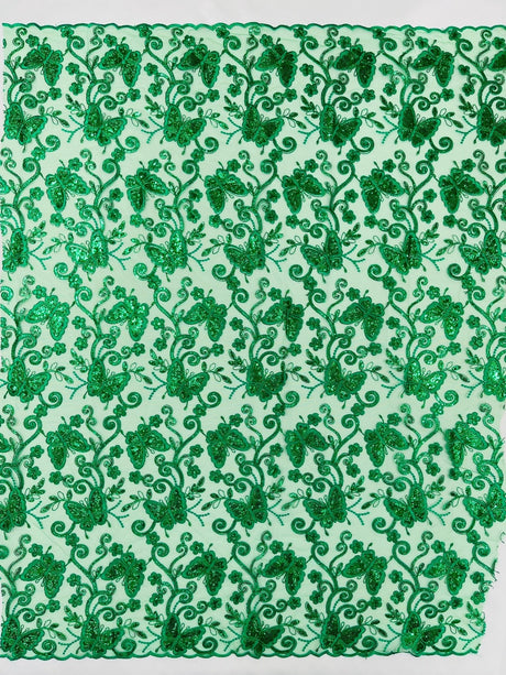 Metallic Lace Fabric - Embroidered Butterfly Vines With Sequins, 54" Width (1 Yard)