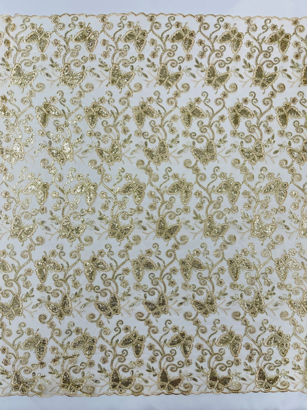 Metallic Lace Fabric - Embroidered Butterfly Vines With Sequins, 54" Width (1 Yard)