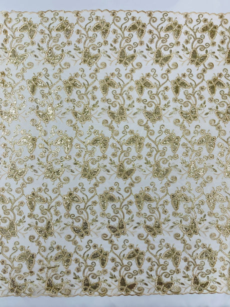 Metallic Lace Fabric - Embroidered Butterfly Vines With Sequins, 54" Width (1 Yard)