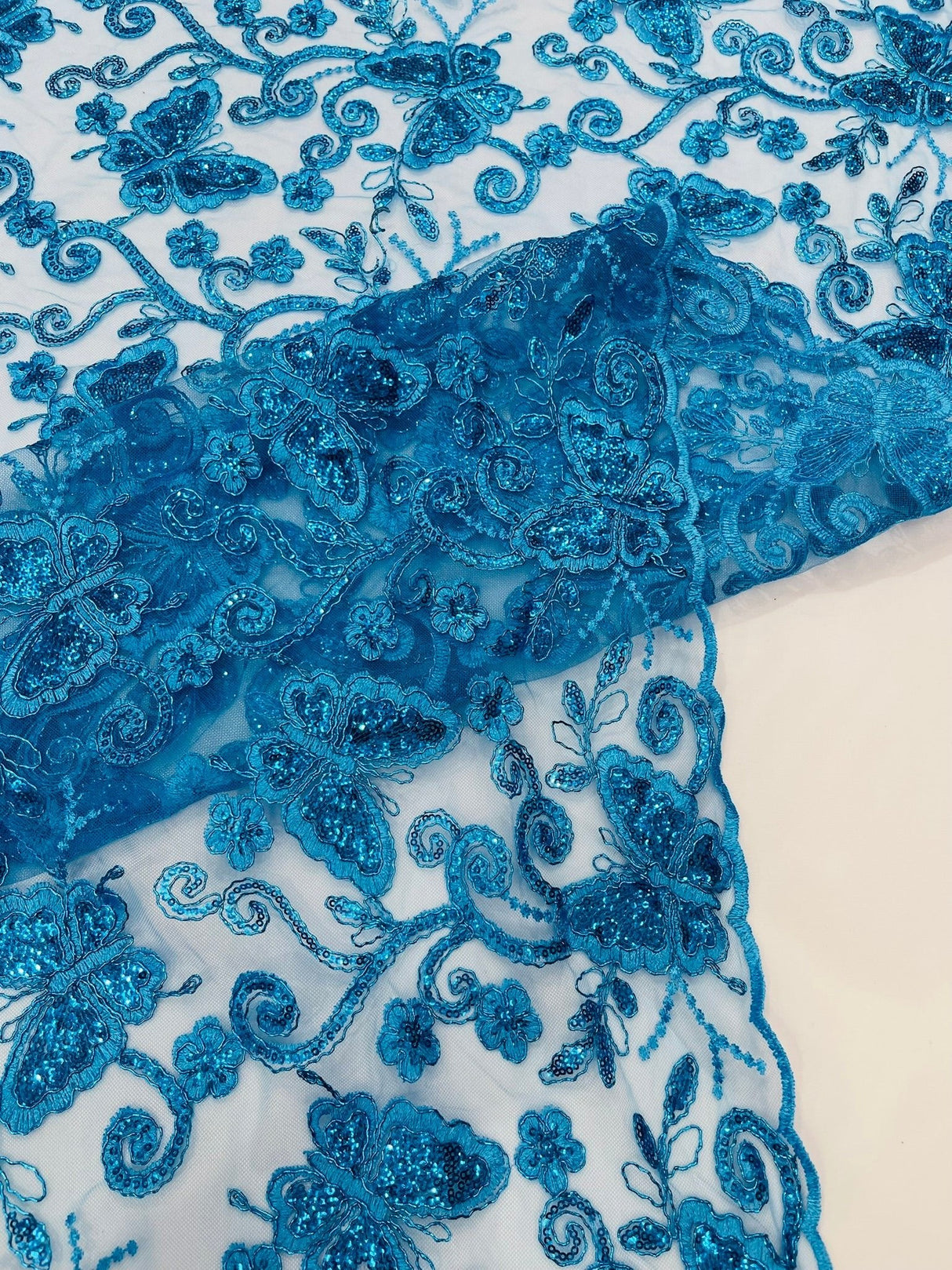 Metallic Lace Fabric - Embroidered Butterfly Vines With Sequins, 54" Width (1 Yard)