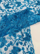 Metallic Lace Fabric - Embroidered Butterfly Vines With Sequins, 54" Width (1 Yard)