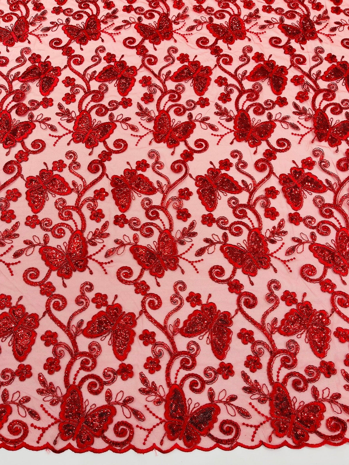 Metallic Lace Fabric - Embroidered Butterfly Vines With Sequins, 54" Width (1 Yard)