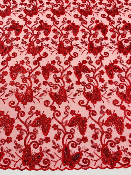 Metallic Lace Fabric - Embroidered Butterfly Vines With Sequins, 54" Width (1 Yard)
