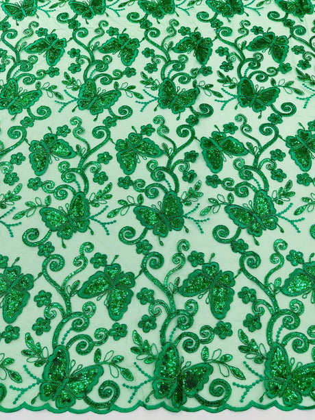 Metallic Lace Fabric - Embroidered Butterfly Vines With Sequins, 54" Width (1 Yard)