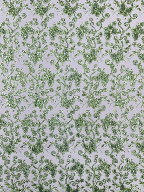 Metallic Lace Fabric - Embroidered Butterfly Vines With Sequins, 54" Width (1 Yard)