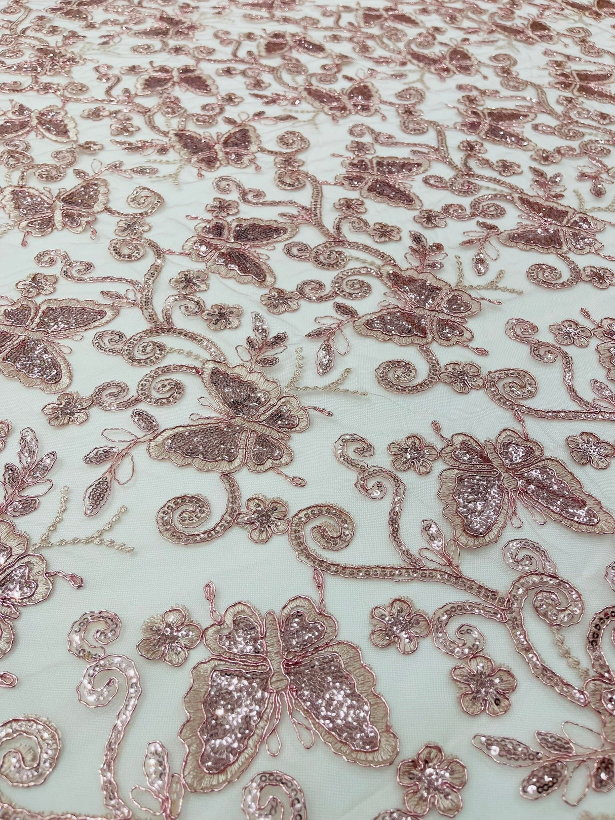 Metallic Lace Fabric - Embroidered Butterfly Vines With Sequins, 54" Width (1 Yard)