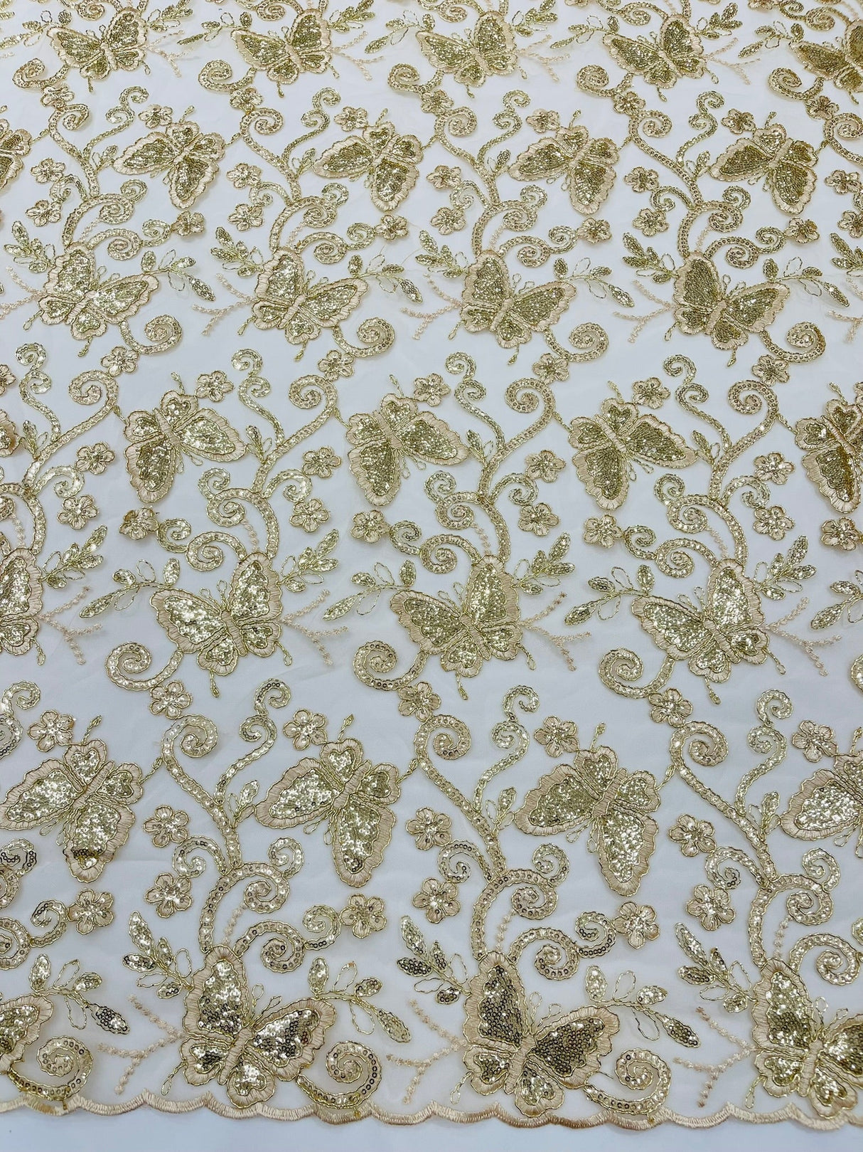 Metallic Lace Fabric - Embroidered Butterfly Vines With Sequins, 54" Width (1 Yard)