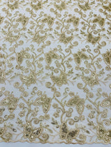 Metallic Lace Fabric - Embroidered Butterfly Vines With Sequins, 54" Width (1 Yard)