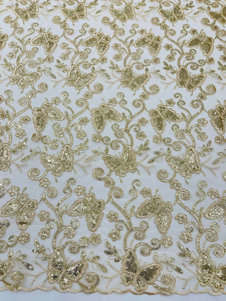 Metallic Lace Fabric - Embroidered Butterfly Vines With Sequins, 54" Width (1 Yard)