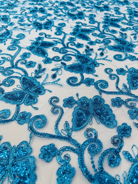 Metallic Lace Fabric - Embroidered Butterfly Vines With Sequins, 54" Width (1 Yard)