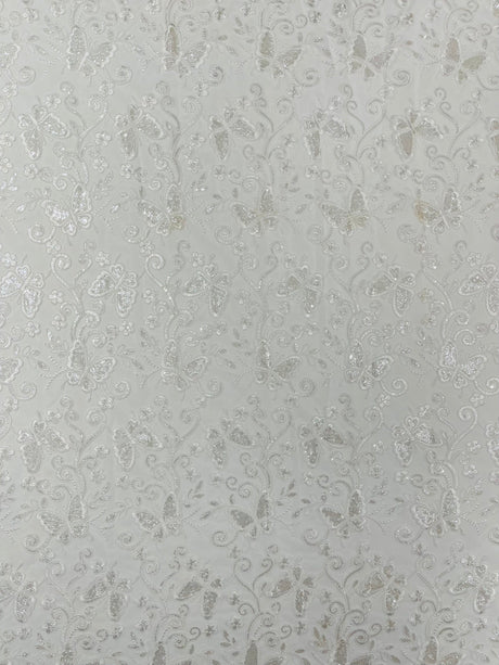 Metallic Lace Fabric - Embroidered Butterfly Vines With Sequins, 54" Width (1 Yard)