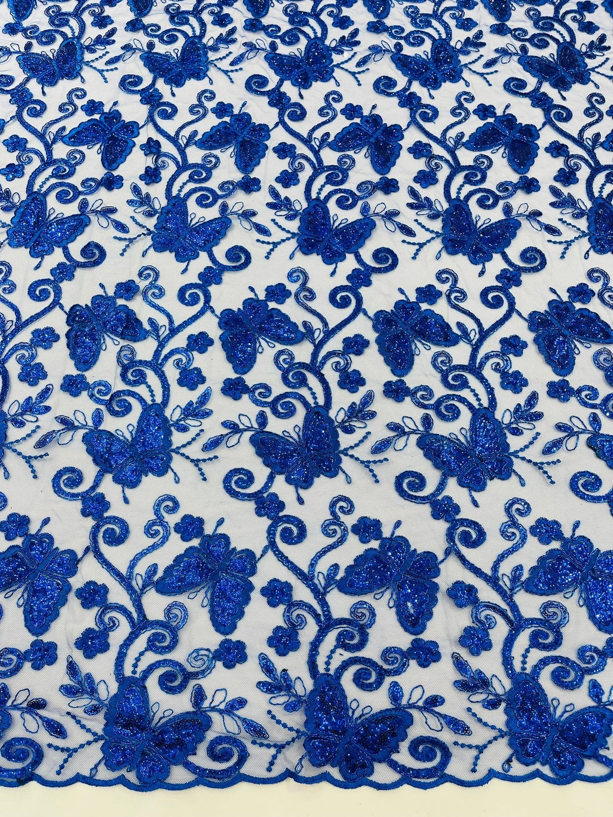 Metallic Lace Fabric - Embroidered Butterfly Vines With Sequins, 54" Width (1 Yard)