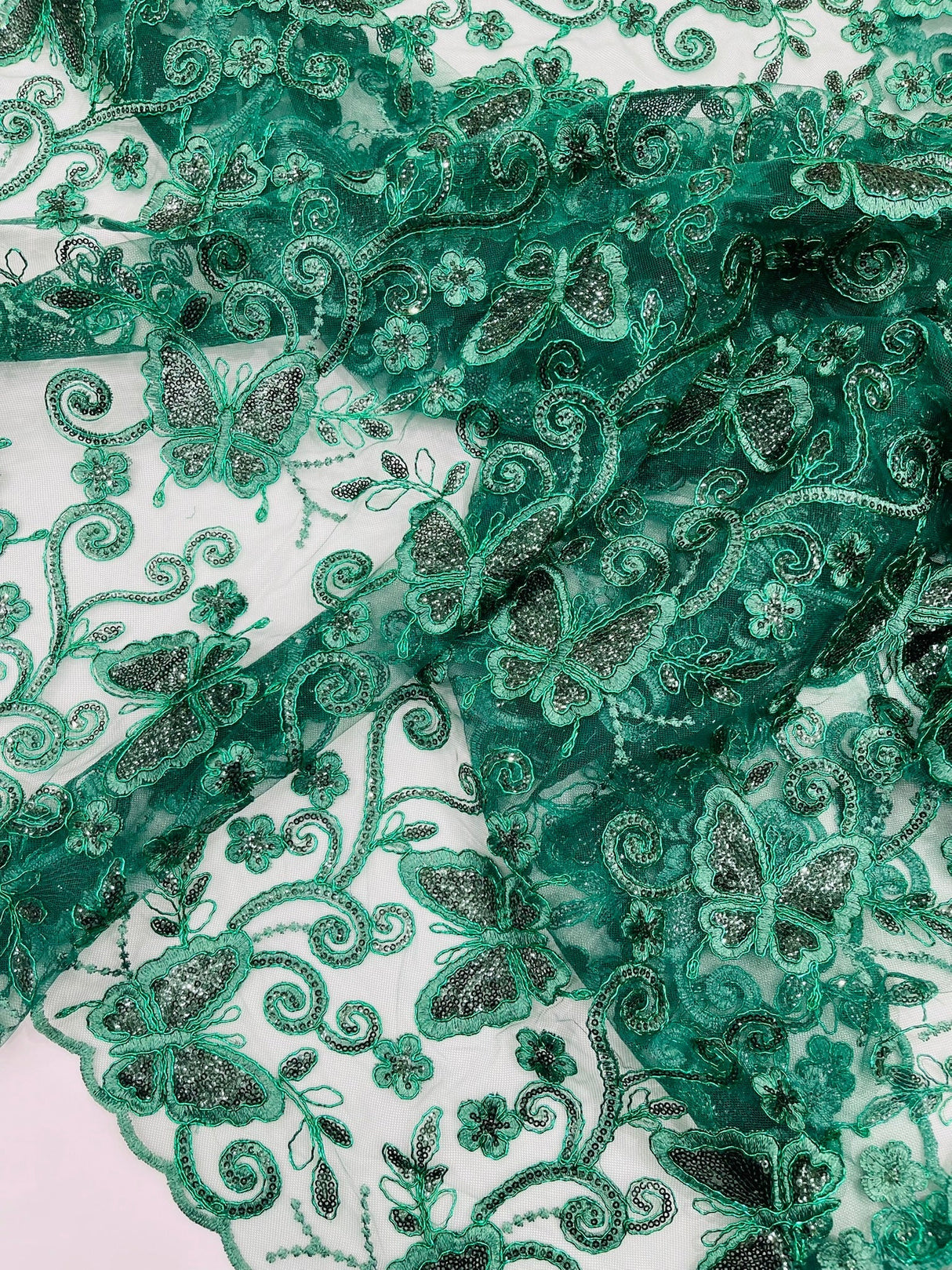 Metallic Lace Fabric - Embroidered Butterfly Vines With Sequins, 54" Width (1 Yard)