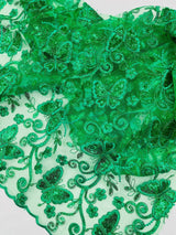 Metallic Lace Fabric - Embroidered Butterfly Vines With Sequins, 54" Width (1 Yard)