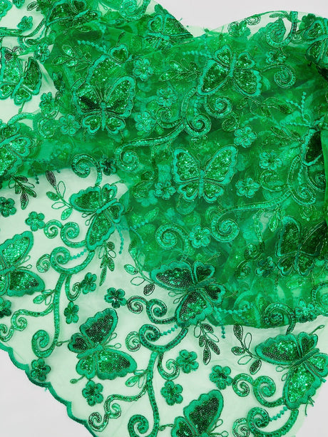 Metallic Lace Fabric - Embroidered Butterfly Vines With Sequins, 54" Width (1 Yard)