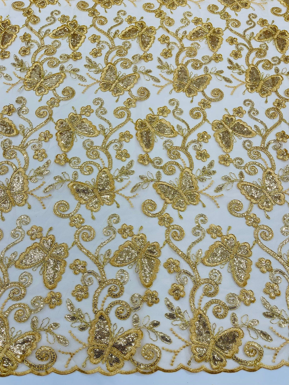 Metallic Lace Fabric - Embroidered Butterfly Vines With Sequins, 54" Width (1 Yard)
