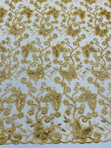 Metallic Lace Fabric - Embroidered Butterfly Vines With Sequins, 54" Width (1 Yard)