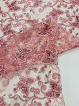 Metallic Lace Fabric - Embroidered Butterfly Vines With Sequins, 54" Width (1 Yard)