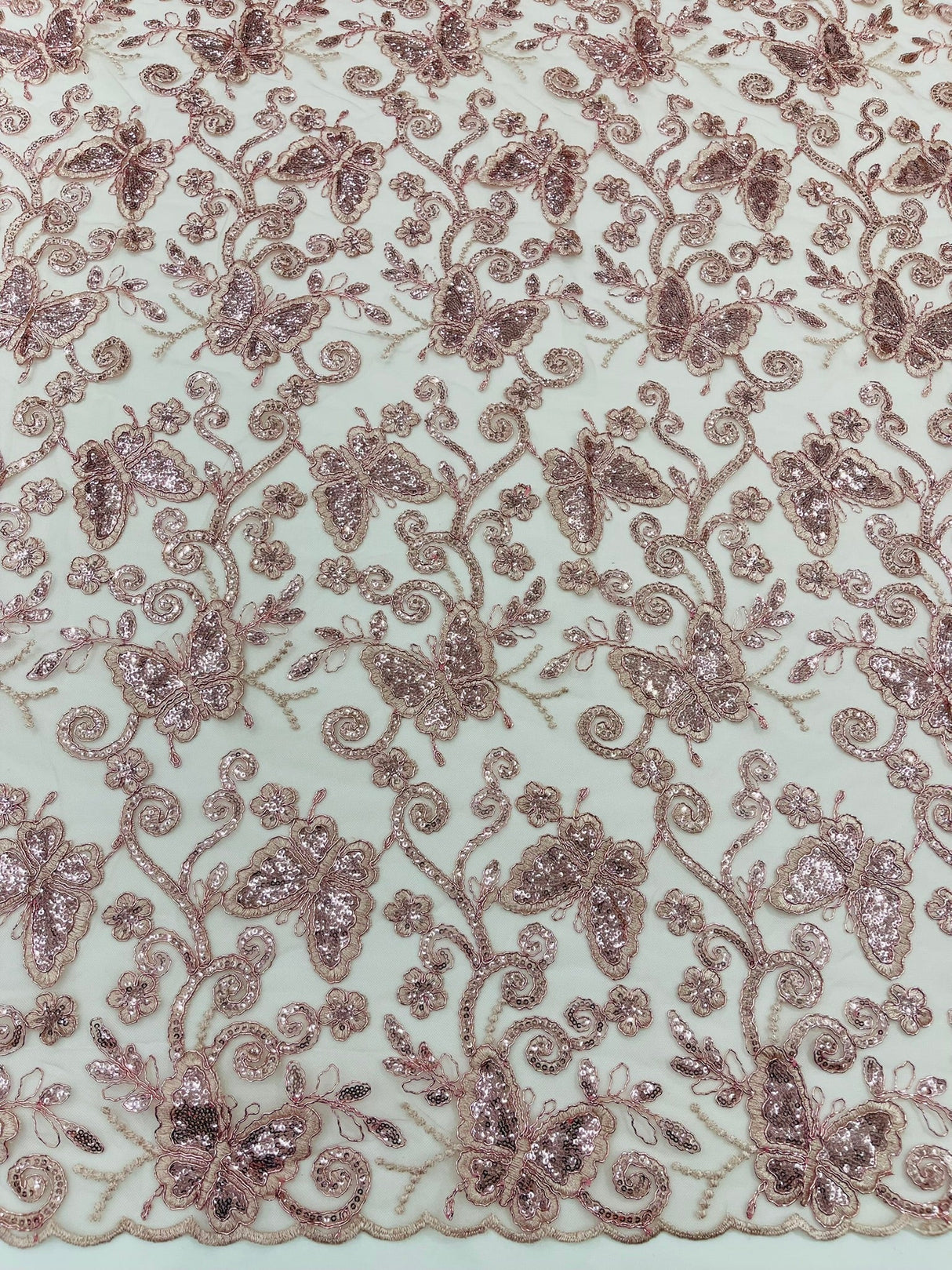 Metallic Lace Fabric - Embroidered Butterfly Vines With Sequins, 54" Width (1 Yard)