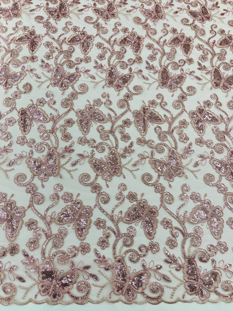 Metallic Lace Fabric - Embroidered Butterfly Vines With Sequins, 54" Width (1 Yard)