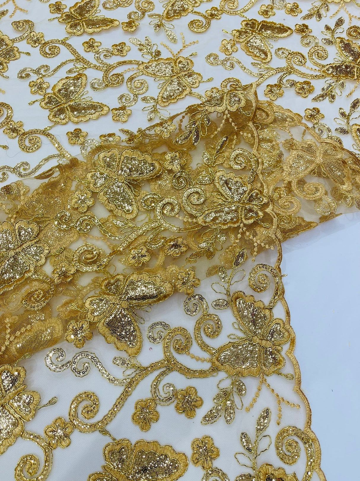 Metallic Lace Fabric - Embroidered Butterfly Vines With Sequins, 54" Width (1 Yard)