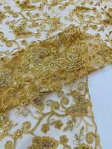 Metallic Lace Fabric - Embroidered Butterfly Vines With Sequins, 54" Width (1 Yard)