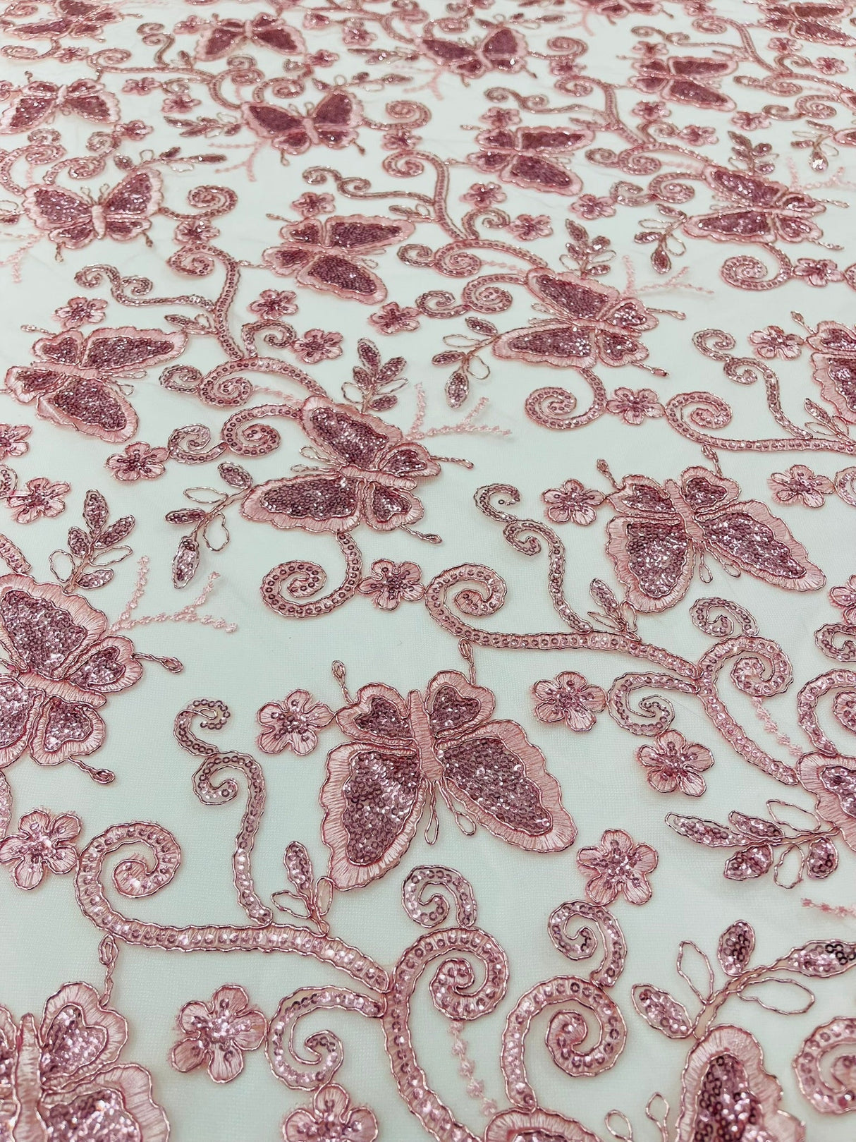 Metallic Lace Fabric - Embroidered Butterfly Vines With Sequins, 54" Width (1 Yard)