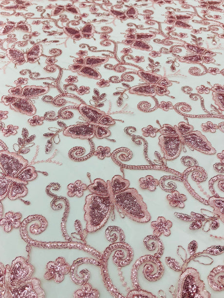 Metallic Lace Fabric - Embroidered Butterfly Vines With Sequins, 54" Width (1 Yard)