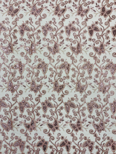 Metallic Lace Fabric - Embroidered Butterfly Vines With Sequins, 54" Width (1 Yard)