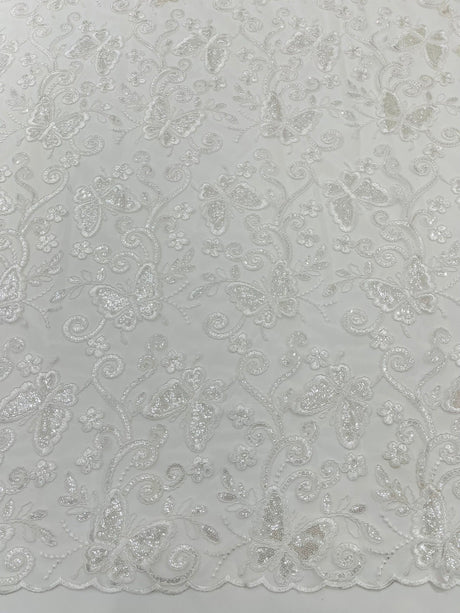 Metallic Lace Fabric - Embroidered Butterfly Vines With Sequins, 54" Width (1 Yard)