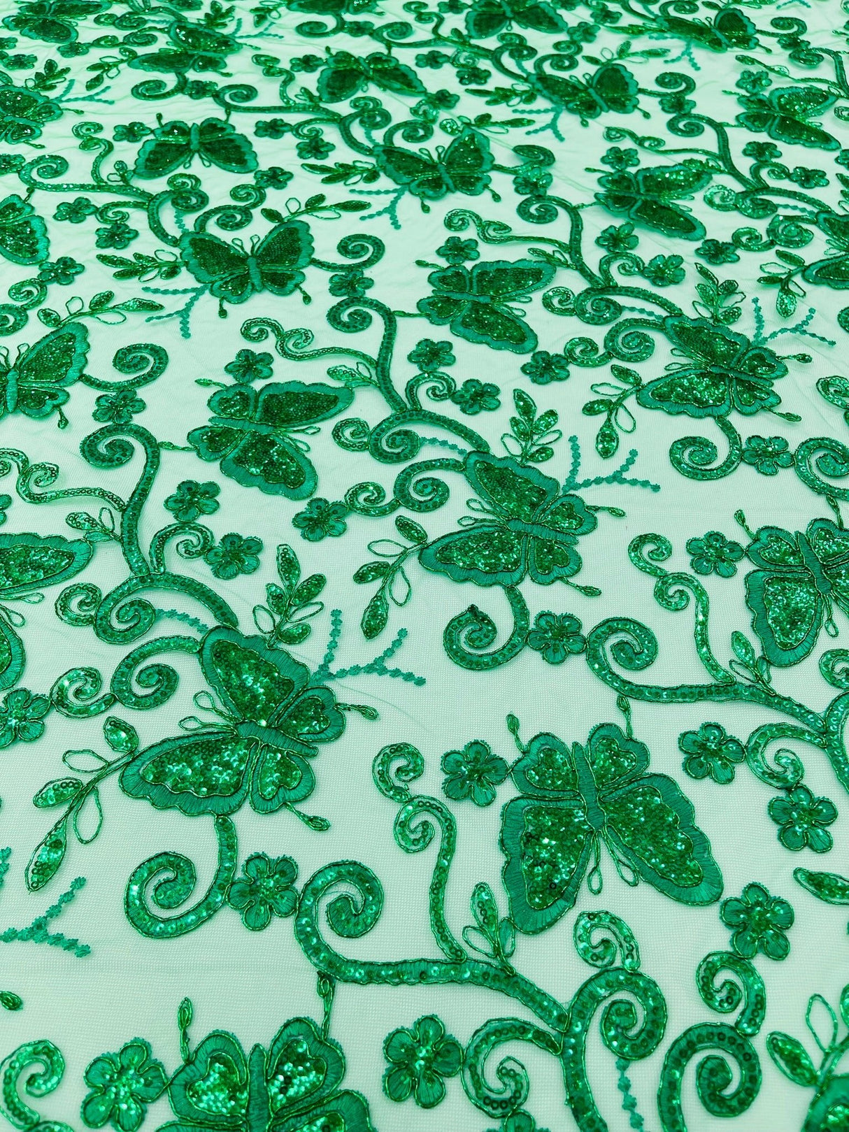 Metallic Lace Fabric - Embroidered Butterfly Vines With Sequins, 54" Width (1 Yard)