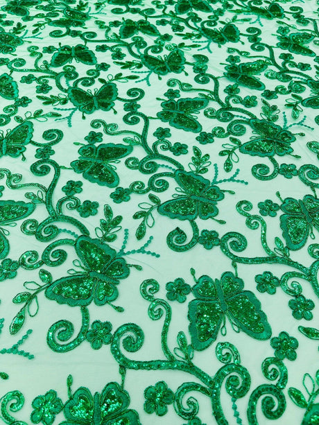 Metallic Lace Fabric - Embroidered Butterfly Vines With Sequins, 54" Width (1 Yard)