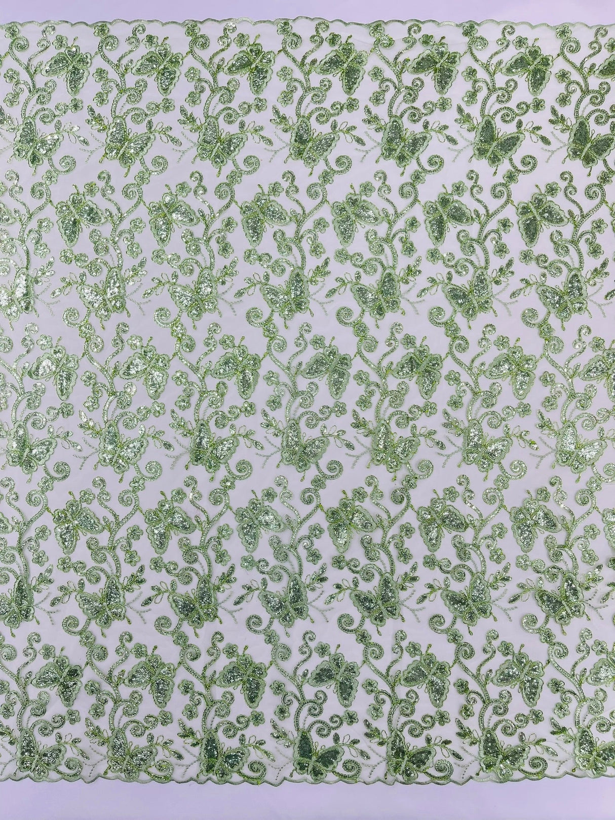 Metallic Lace Fabric - Embroidered Butterfly Vines With Sequins, 54" Width (1 Yard)