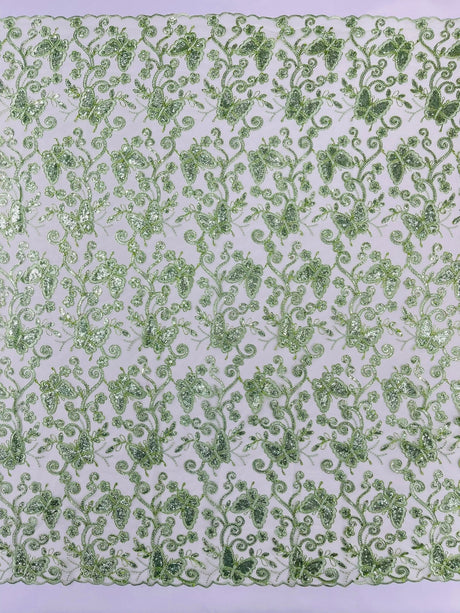 Metallic Lace Fabric - Embroidered Butterfly Vines With Sequins, 54" Width (1 Yard)