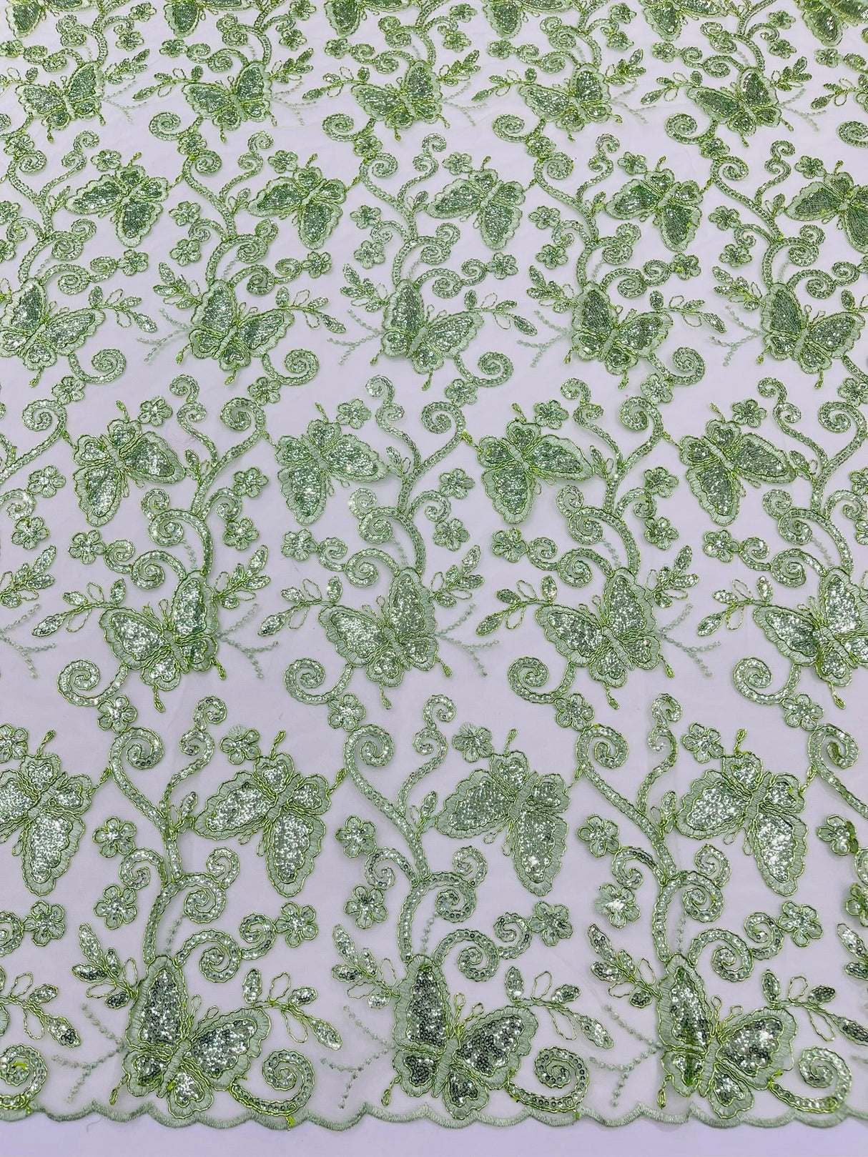 Metallic Lace Fabric - Embroidered Butterfly Vines With Sequins, 54" Width (1 Yard)