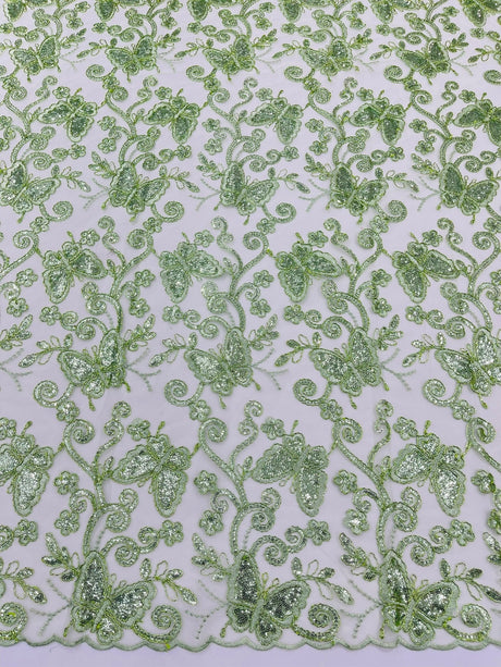 Metallic Lace Fabric - Embroidered Butterfly Vines With Sequins, 54" Width (1 Yard)