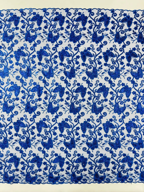 Metallic Lace Fabric - Embroidered Butterfly Vines With Sequins, 54" Width (1 Yard)