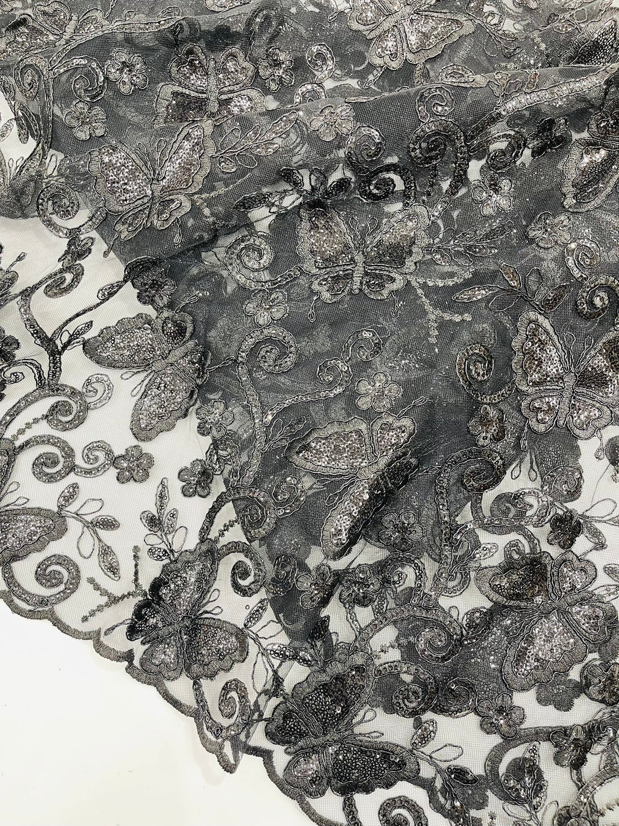 Metallic Lace Fabric - Embroidered Butterfly Vines With Sequins, 54" Width (1 Yard)