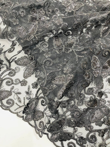 Metallic Lace Fabric - Embroidered Butterfly Vines With Sequins, 54" Width (1 Yard)
