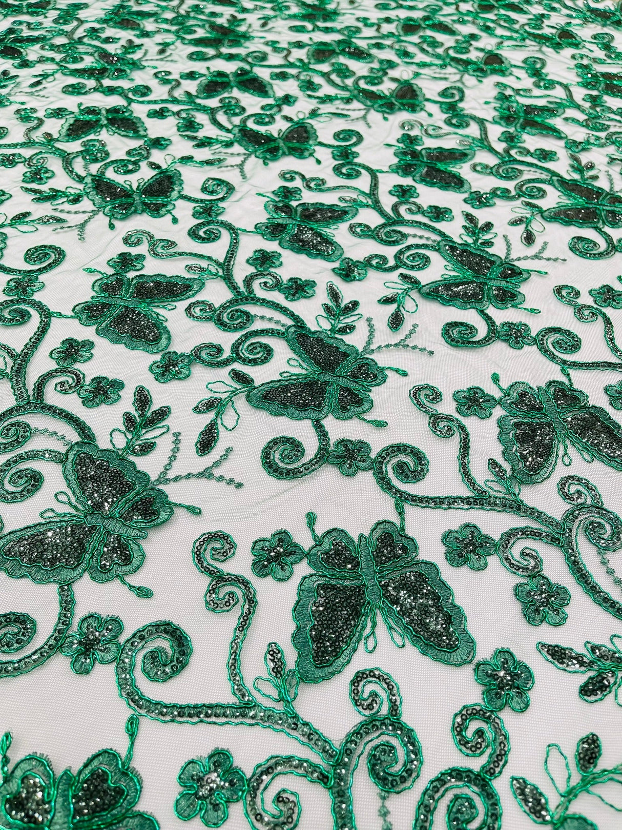 Metallic Lace Fabric - Embroidered Butterfly Vines With Sequins, 54" Width (1 Yard)